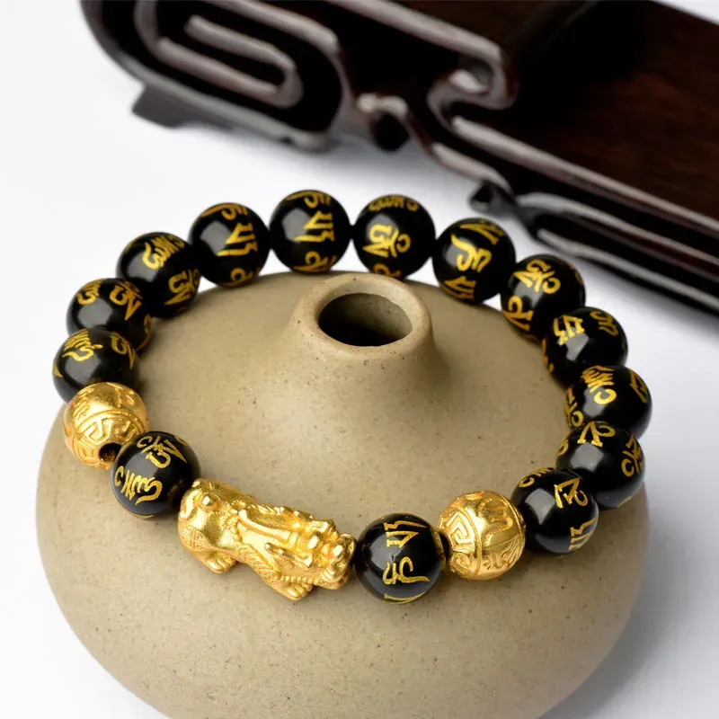 Blessed Pixiu Bracelet - Natural Obsidian Beads with Sand Gold Feng Shui Pixiu