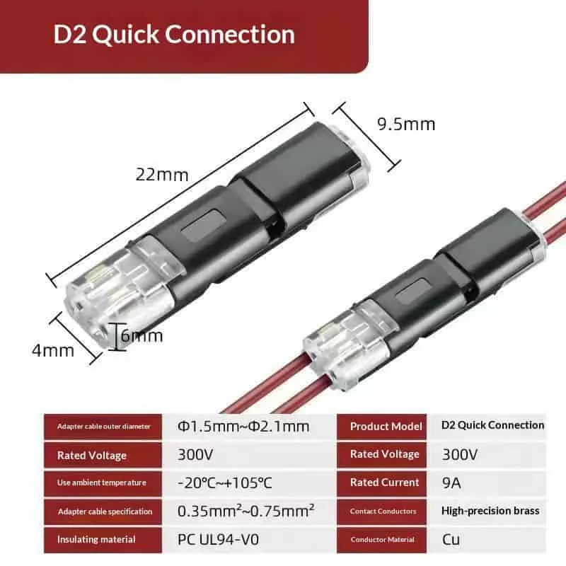 Buy 30, Get 10 Free (40Pcs Total)LED Solder-free and Stripping Wire-free Terminal D2 Interlocking Removable Quick Connector